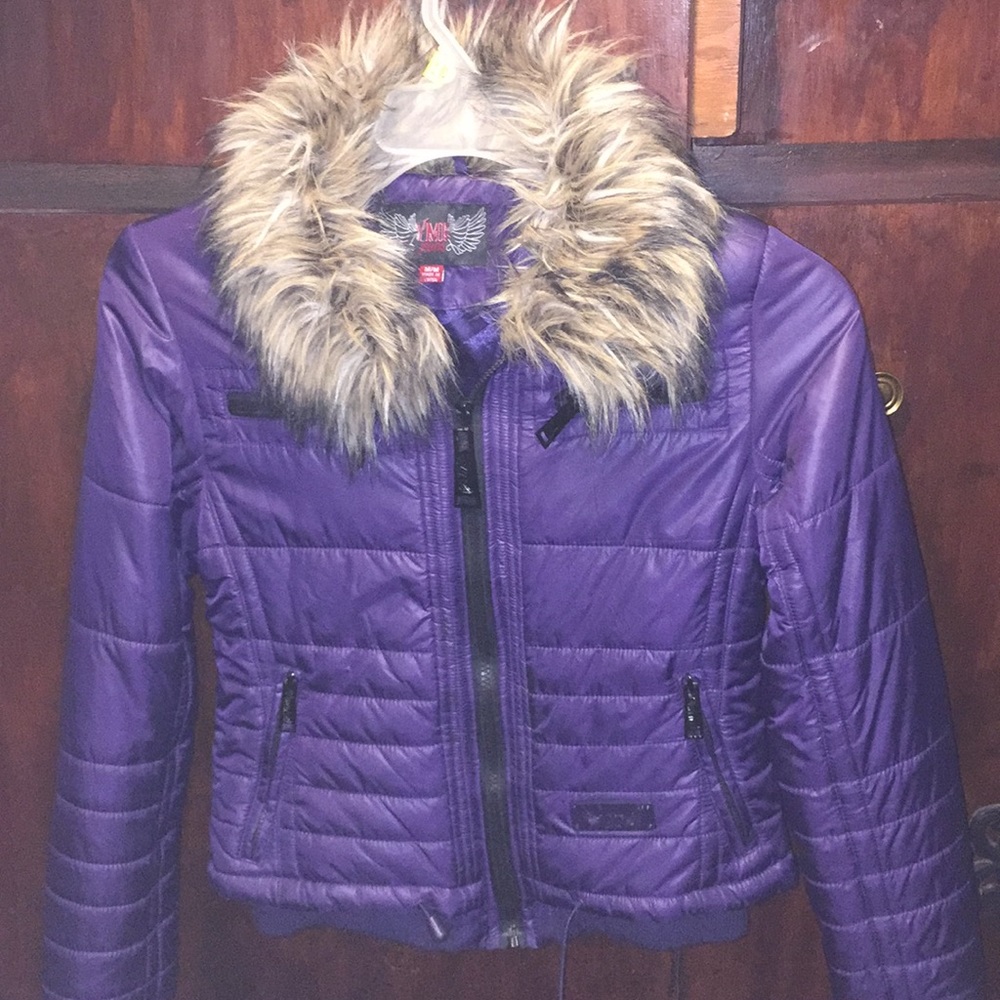 Purple Pleaded fur collar jacket